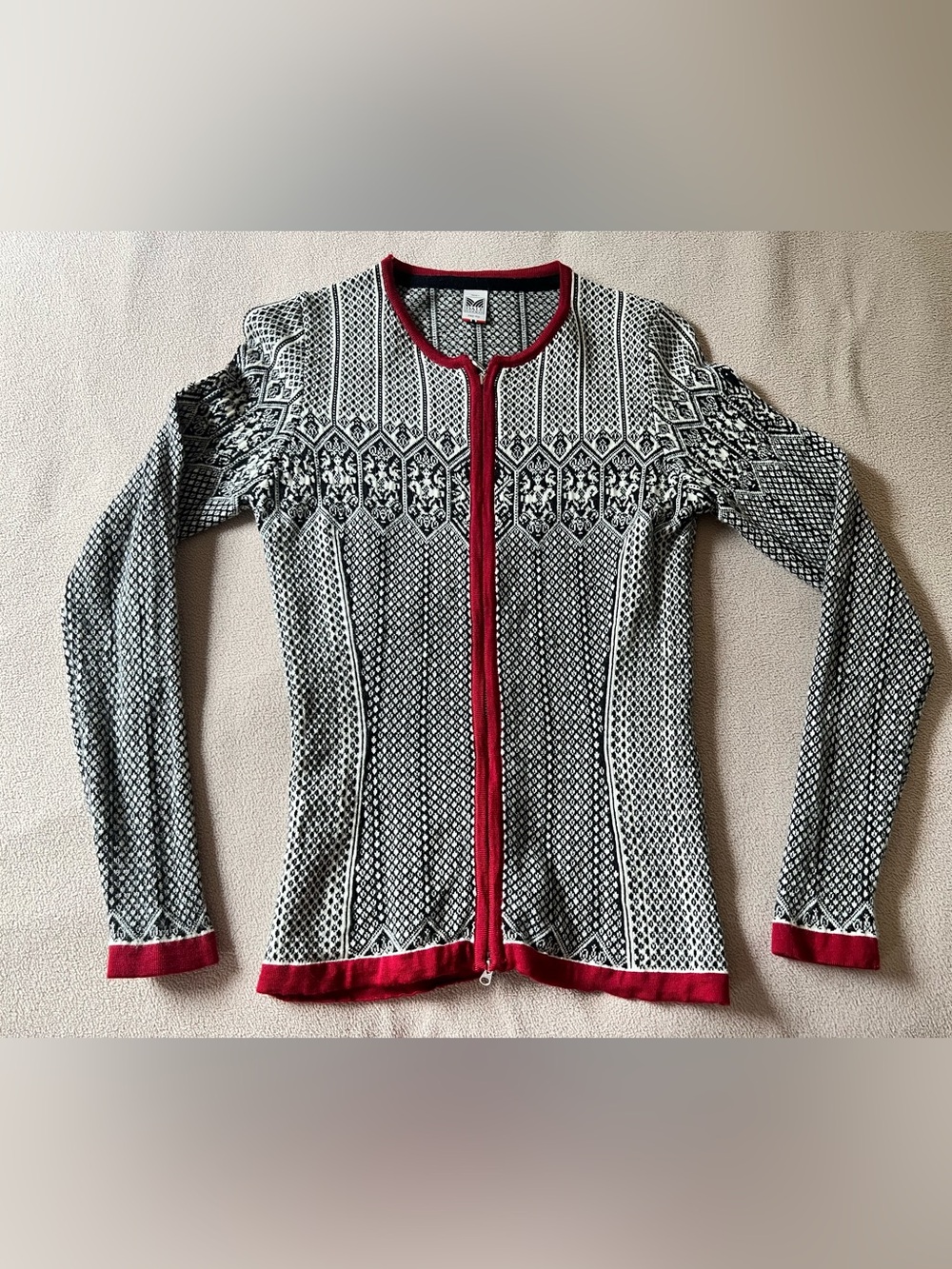 Dale of Norway Black and White Fair Isle Zip-Up Sweater with Red Trim - Picture 2 of 10